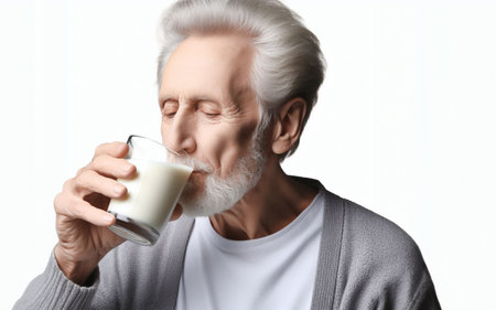 Old man drinking milk from a glass Healthy elderly concept white backgroundの写真素材