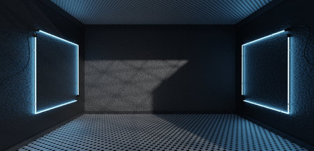 Square room and walls square neon sign frame Neon sign on cement wall laser light sign Laser light wall 3D illustrationの写真素材