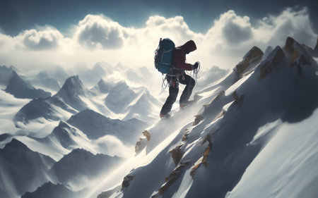 snow climber sport climbing high mountain and blizzard ice mountain peak