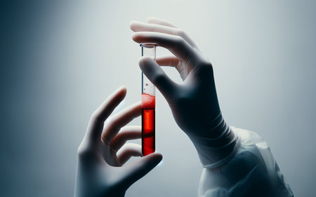 The doctor hand extended forward along with a glass tube to put blood in or red liquidの写真素材