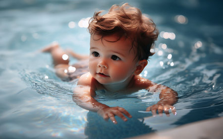 Young child playing in the pool The concept of giving birth in waterの写真素材