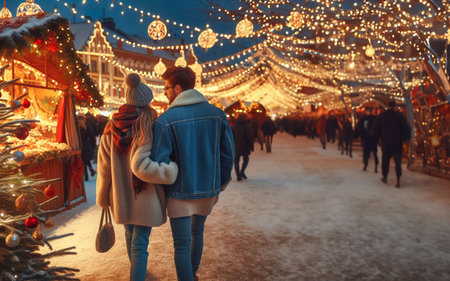Young couple walking in the market at night On a winter night at the end of the year Filled with decorative lights of the festival Christmas and New Year Dayの素材