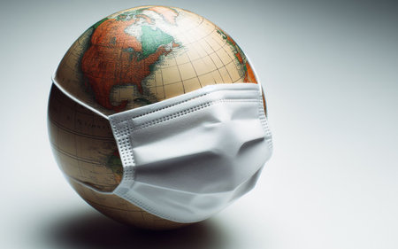 Globe wearing a mask to protect from toxins A simulated globe wearing a PM2.5 dust mask the concept of the world being sick from toxic emissionsの素材