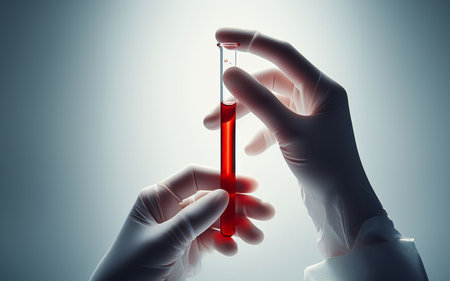 The doctor hand extended forward along with a glass tube to put blood in or red liquidの素材