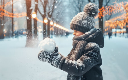 Boy playing snowball fight in the park Form snowballs into balls. end of winter During the Christmas and New Year festivalsの素材