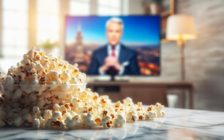 Popcorn on the table in front of the TV and news programs in the living room time of restの素材