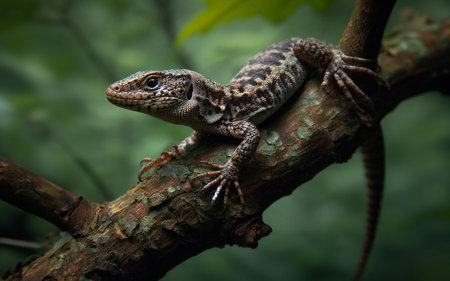 A chameleon sits on a tree branch. In the forest, the chameleon changes color to look like its surroundings.の素材