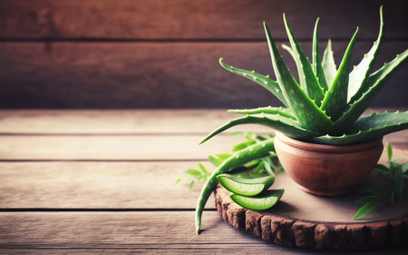 Aloe vera in a wooden pot Placed on an old wooden floor The concept of herbs and medicineの素材
