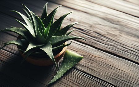 Aloe vera in a wooden pot Placed on an old wooden floor The concept of herbs and medicineの素材