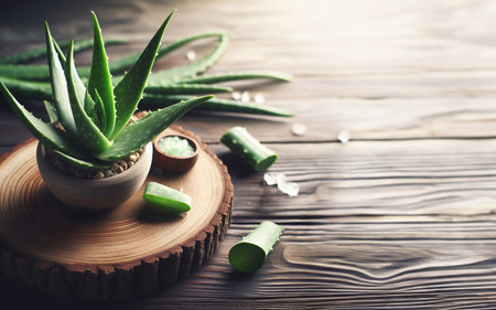 Aloe vera in a wooden pot Placed on an old wooden floor The concept of herbs and medicineの素材