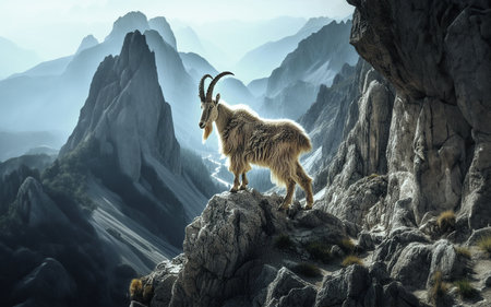 Mountain goat or ibex on the forelimb Ibex climbing Background of high mountains and mountainsの素材