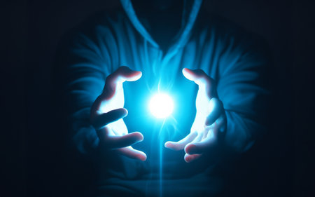 Two hands held out There is a glowing blue light ball technology concept in handの素材