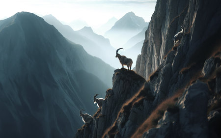 Mountain goat or ibex on the forelimb Ibex climbing Background of high mountains and mountainsの素材