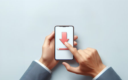 The index finger dips into the button Data download Pressing the select button on a white backgroundの素材
