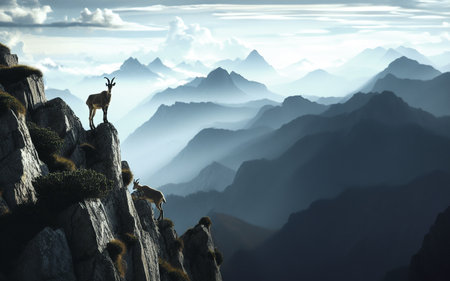 Mountain goat or ibex on the forelimb Ibex climbing Background of high mountains and mountainsの素材