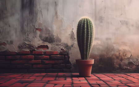 cactus placed on old floor old red brick wallの素材