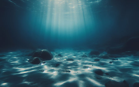 underwater sand floor Light shines underwater clear water empty seabed The sand surface is in the shape of waves under the seaの素材