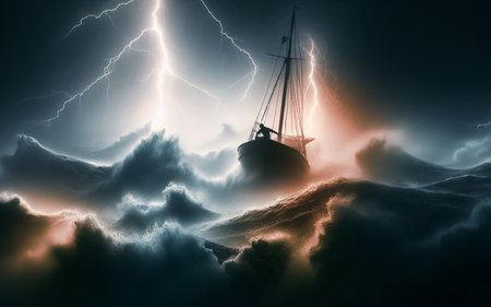 ship in the ocean Sea waves in a violent storm Sailboat on high waves in the scary seaの素材