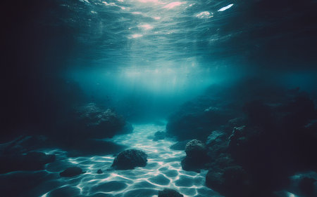 underwater sand floor Light shines underwater clear water empty seabed The sand surface is in the shape of waves under the seaの素材