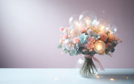 Glass jar for flowers Bouquet of flowers with clear balloons and lights on pastel background New Year decorations and giftsの素材