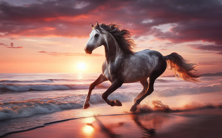 horse running by the sea Evening seaside beach soar forwardの素材