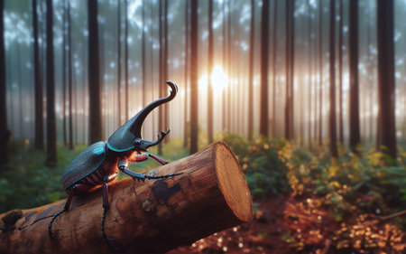 Elephant beetle. The beetle clings to a branch in the forest. blurry forest background