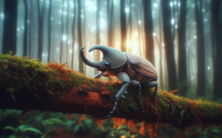 Elephant beetle. The beetle clings to a branch in the forest. blurry forest backgroundの写真素材