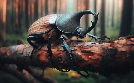 Elephant beetle. The beetle clings to a branch in the forest. blurry forest backgroundの写真素材
