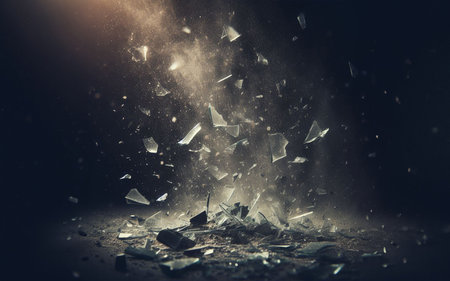 Broken glass, shattered glass pieces, black background