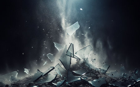 Broken glass, shattered glass pieces, black background