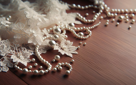 White lace fabric on a wooden background. Warm and gentle feminine background concept.の写真素材