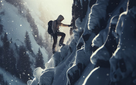 snow climber sport climbing high mountain and blizzard ice mountain peakの素材