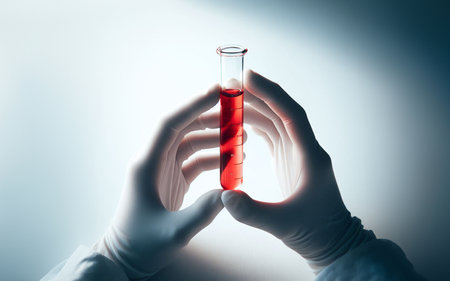 The doctor hand extended forward along with a glass tube to put blood in or red liquidの素材