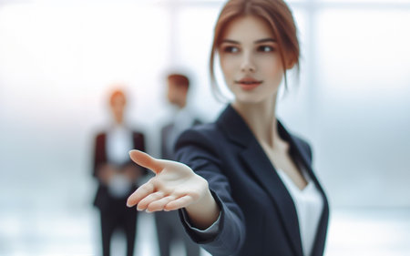 Business woman extends her hand forward Extend your arms to invite business success concept Blurred work backgroundの素材