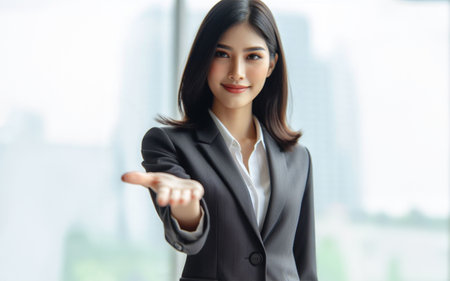 Business woman extends her hand forward Extend your arms to invite business success concept Blurred work backgroundの素材