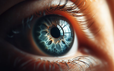 Macro image of the eye Sharp details, eye lens, close-up image of a human eye.の素材