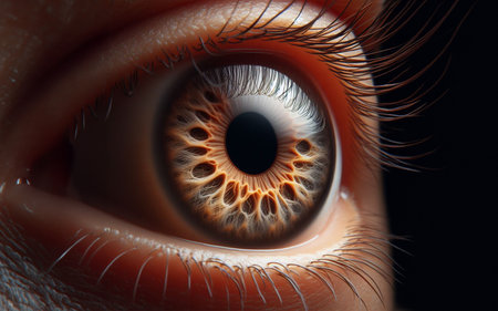 Macro image of the eye Sharp details, eye lens, close-up image of a human eye.の素材