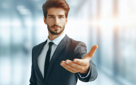 Male businessman extends his hand forward Extend your arms to invite business success concept Blurred work backgroundの素材