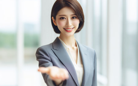 Business woman extends her hand forward Extend your arms to invite business success concept Blurred work backgroundの素材