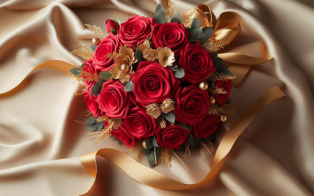 bouquet of red roses placed on a golden cloth love concept Romantic on Valentine Dayの写真素材