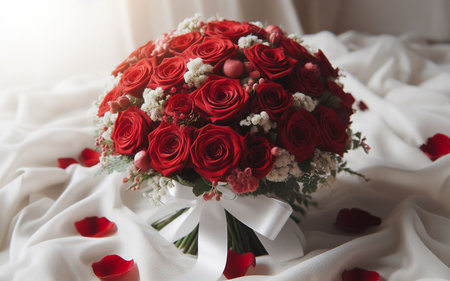 bouquet of red roses Place on a white cloth love concept Romantic on Valentine Dayの写真素材