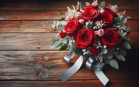 bouquet of red roses Placed on an old wooden floor love concept Romantic on Valentine Dayの写真素材