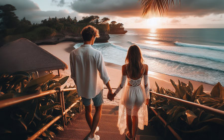 Couple walking by the sea Romantic concept on Valentine Dayの写真素材