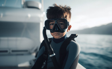 boy wearing a diving suit Ship and sea background. Diver. Future career dream concept.の写真素材