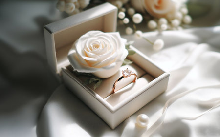 Diamond ring in a box Wedding ring Confession of love Ribbon and roses valentine day love backgroundの写真素材