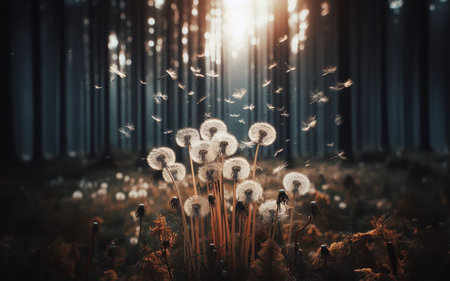 Dandelion flowers floating in the air blurry forest backgroundの写真素材