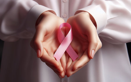 World Cancer Day symbol ribbon hand holding a ribbonの写真素材