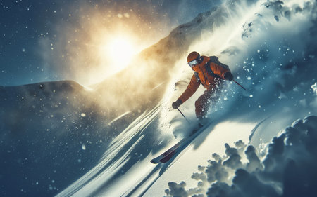 snow ski athlete On a high mountain covered with snowの写真素材
