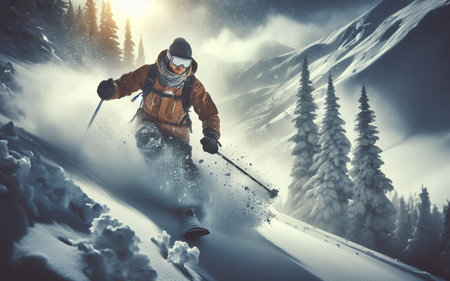 snow ski athlete On a high mountain covered with snowの写真素材