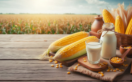 corn milk wooden floor background Corn fieldの写真素材